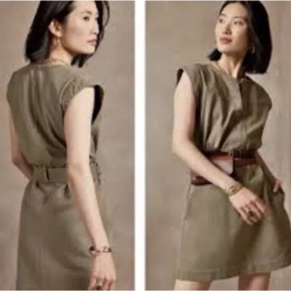 Banana Republic Size M Split Neck Utility Dress Light Khaki - Picture 2 of 4
